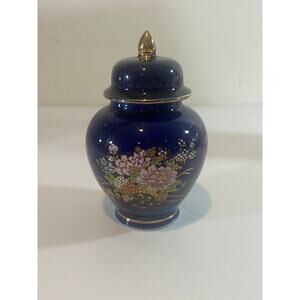 Kutani Vintage Flower Pottery Vase Oriental Japanese Cobalt Blue Flowers 4"